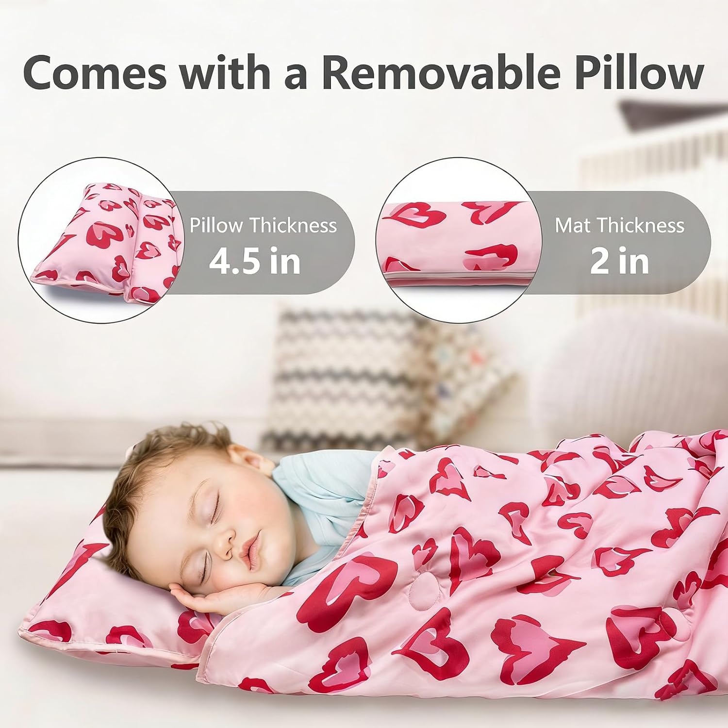 Detalle de Primlect Toddler Nap Mat with Pillow: Thick, Washable, and Ready for Naptime