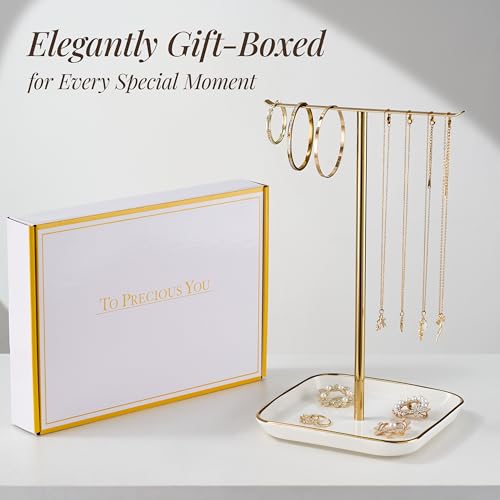 Thumbnail 6 de Josmimic Jewelry Holder Stand with Ceramic Base – 32cm Tall Tree Display, Gold