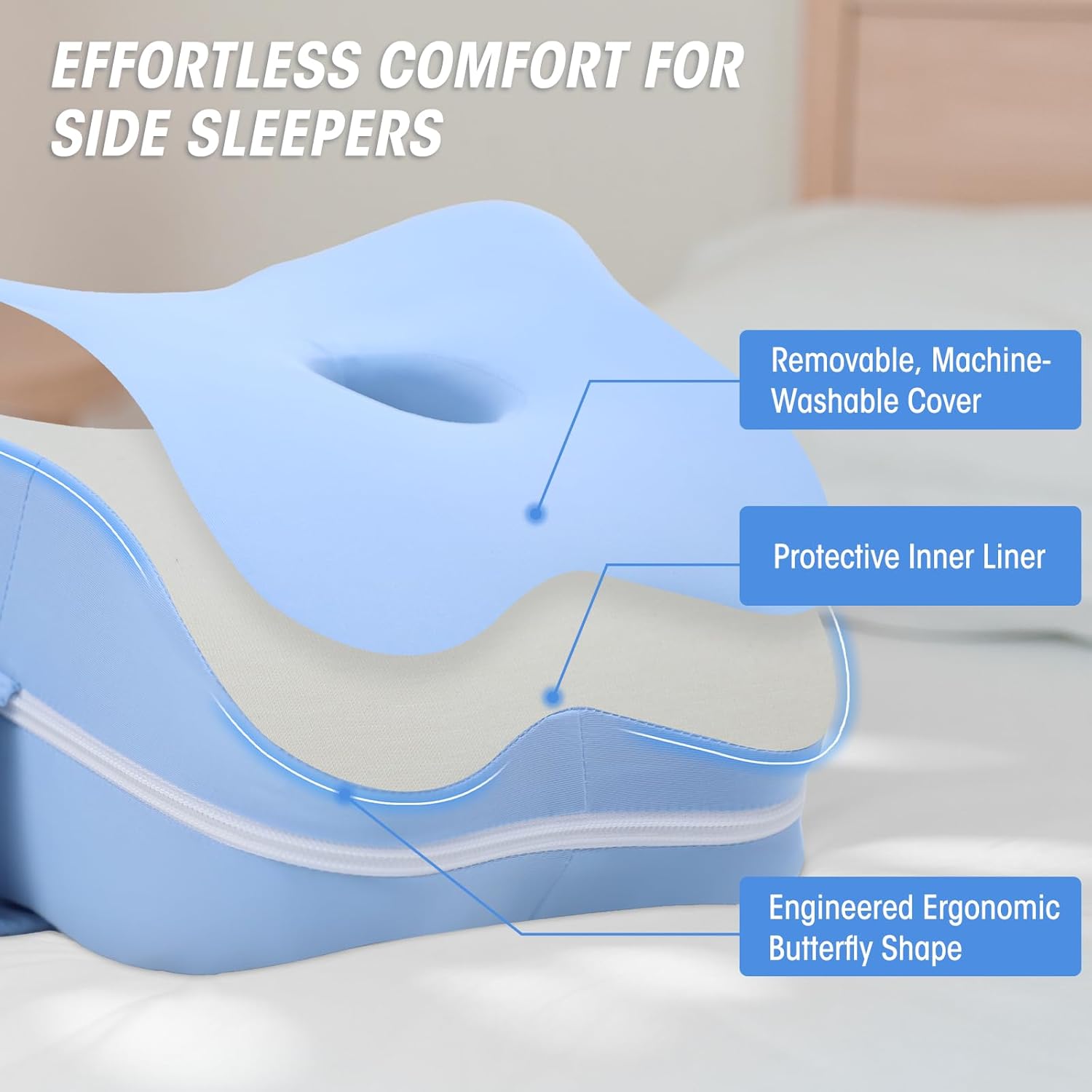 Detalle de Knee Pillow for Side Sleepers & Sciatica Pain Relief with Memory Foam Core, Detachable Strap, Two Covers (Blue & Grey) – One Pillow Only