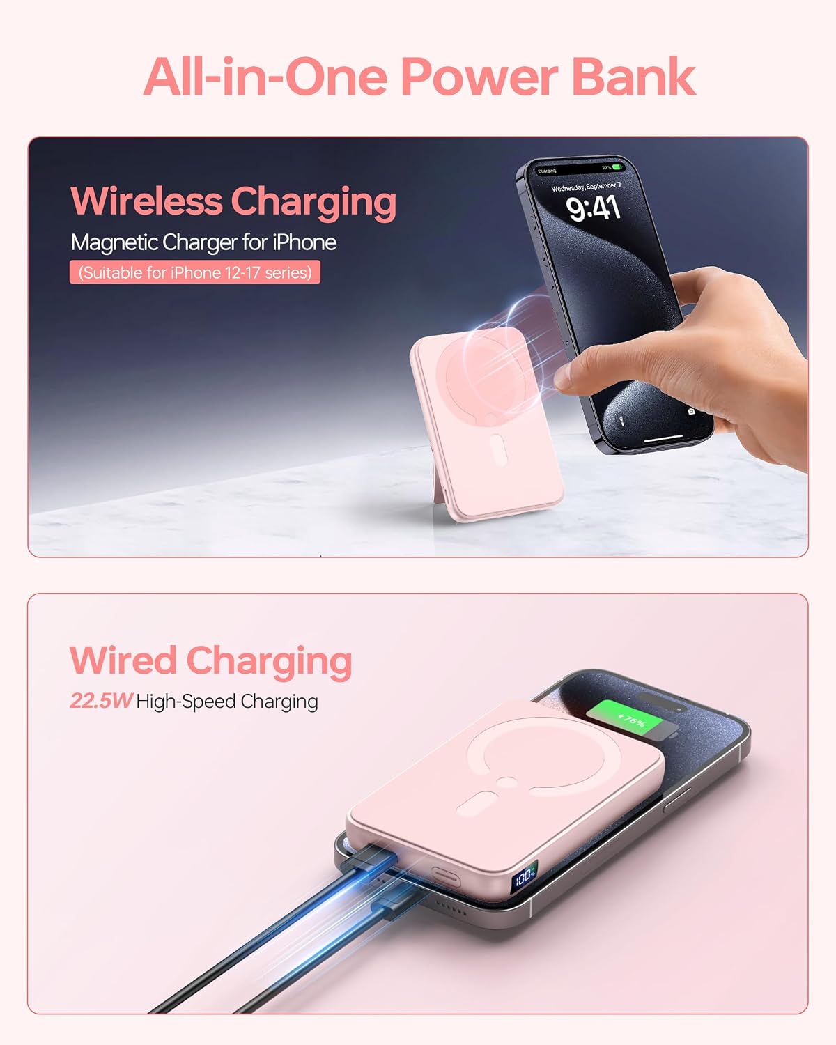 Thumbnail 3 de For MagSafe Power Bank 12000mAh: Compact Magnetic Wireless Charger with 22.5W Fast Charging and 360° Stand