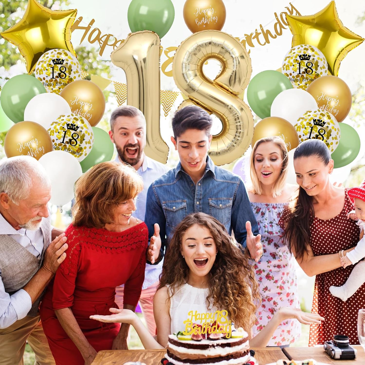 Thumbnail 1 de 18. Geburtstag Deko Set in Salbeigrün, Gold & Weiss – Ballons, Banner, Cake Topper und mehr