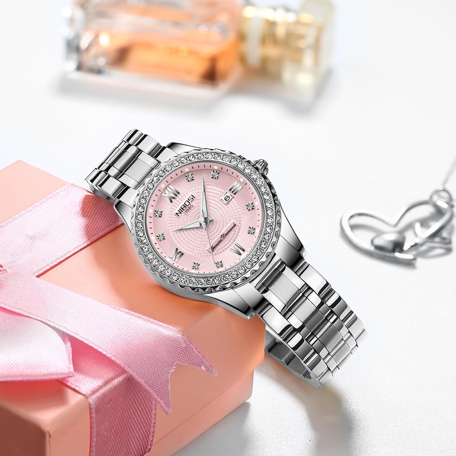 Thumbnail 3 de NIBOSI Armbanduhr Damen Analog Quarz mit Mineralglas und Roségold-Diamant-Zifferblatt