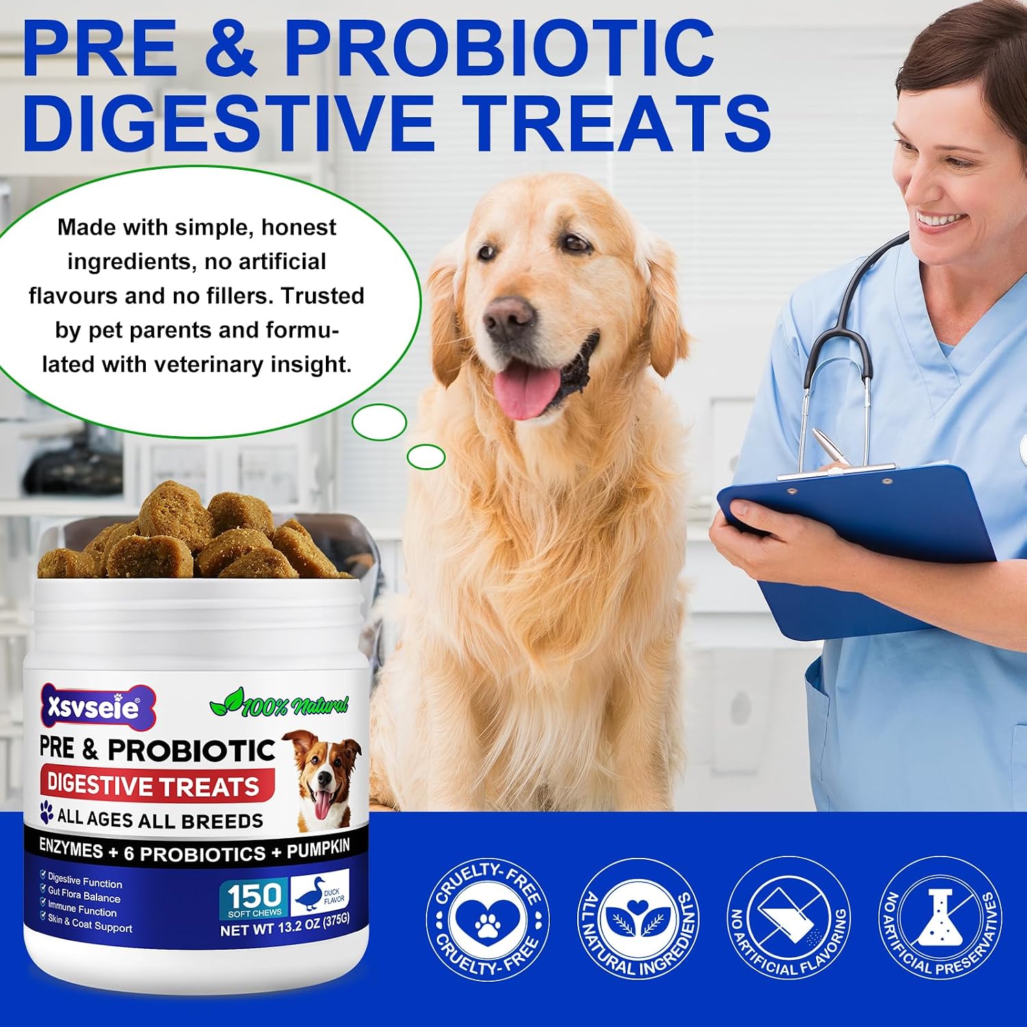 Detalle 2 de Probiotici Per Cani, 150 Compresse Masticabili al Gusto Anatra (Duck Flavor) – Supporto digestivo e immunitario per cani di tutte le età