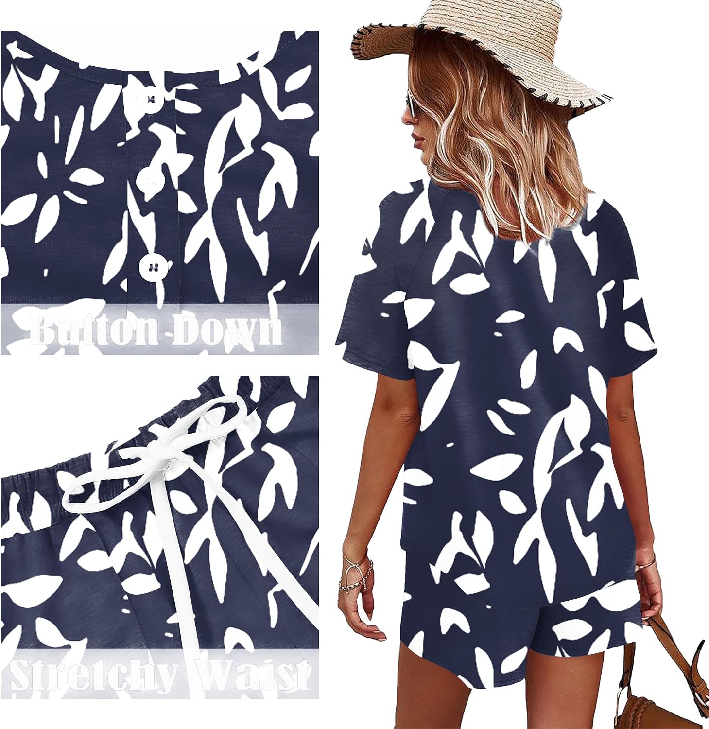 Detalle de WIHOLL Women’s 2-Piece Lounge Set (Button-Down Top + Drawstring Shorts with Pockets)