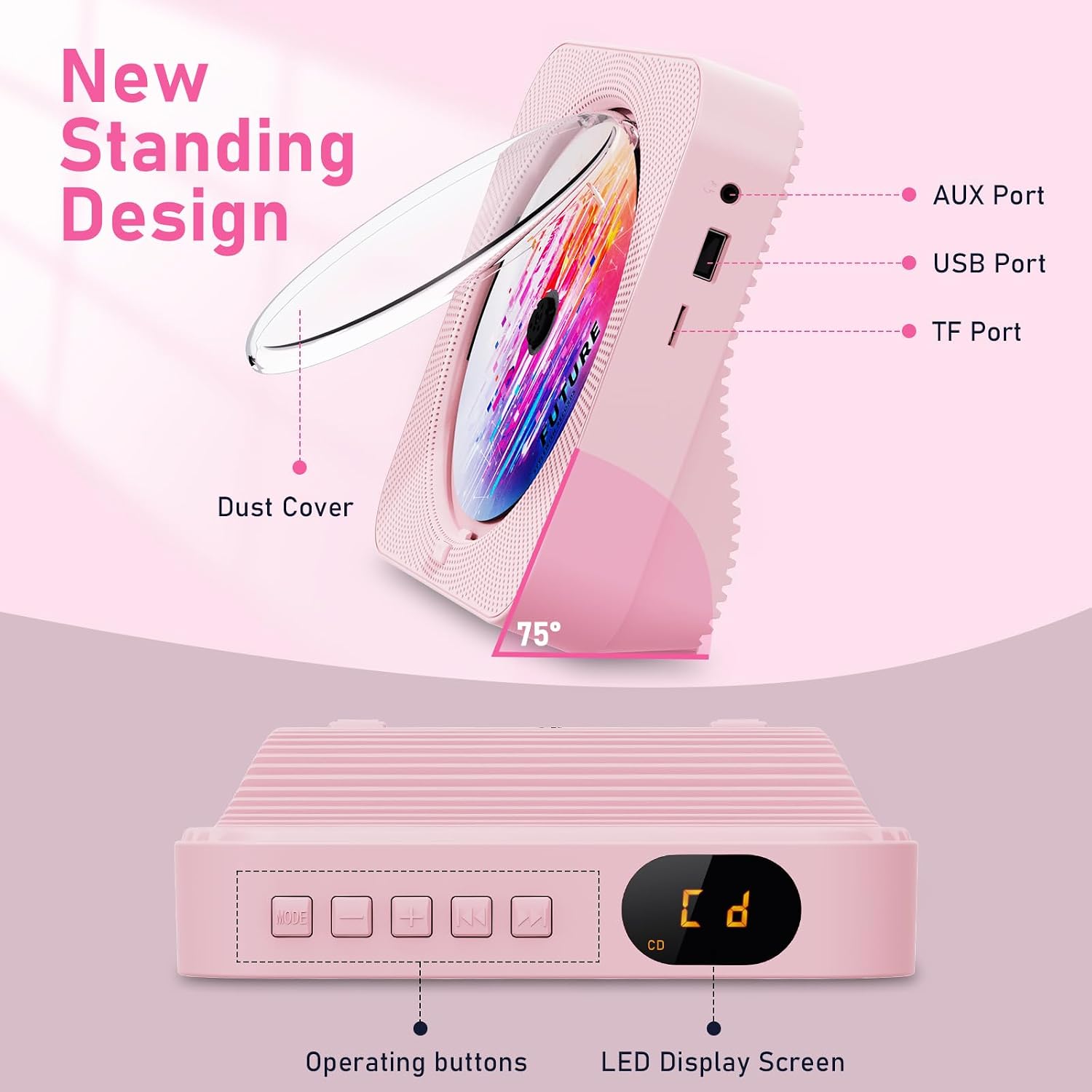Thumbnail 6 de ZYOKATA KC718 Pink Portable CD Player with Bluetooth 5.1 and FM Radio