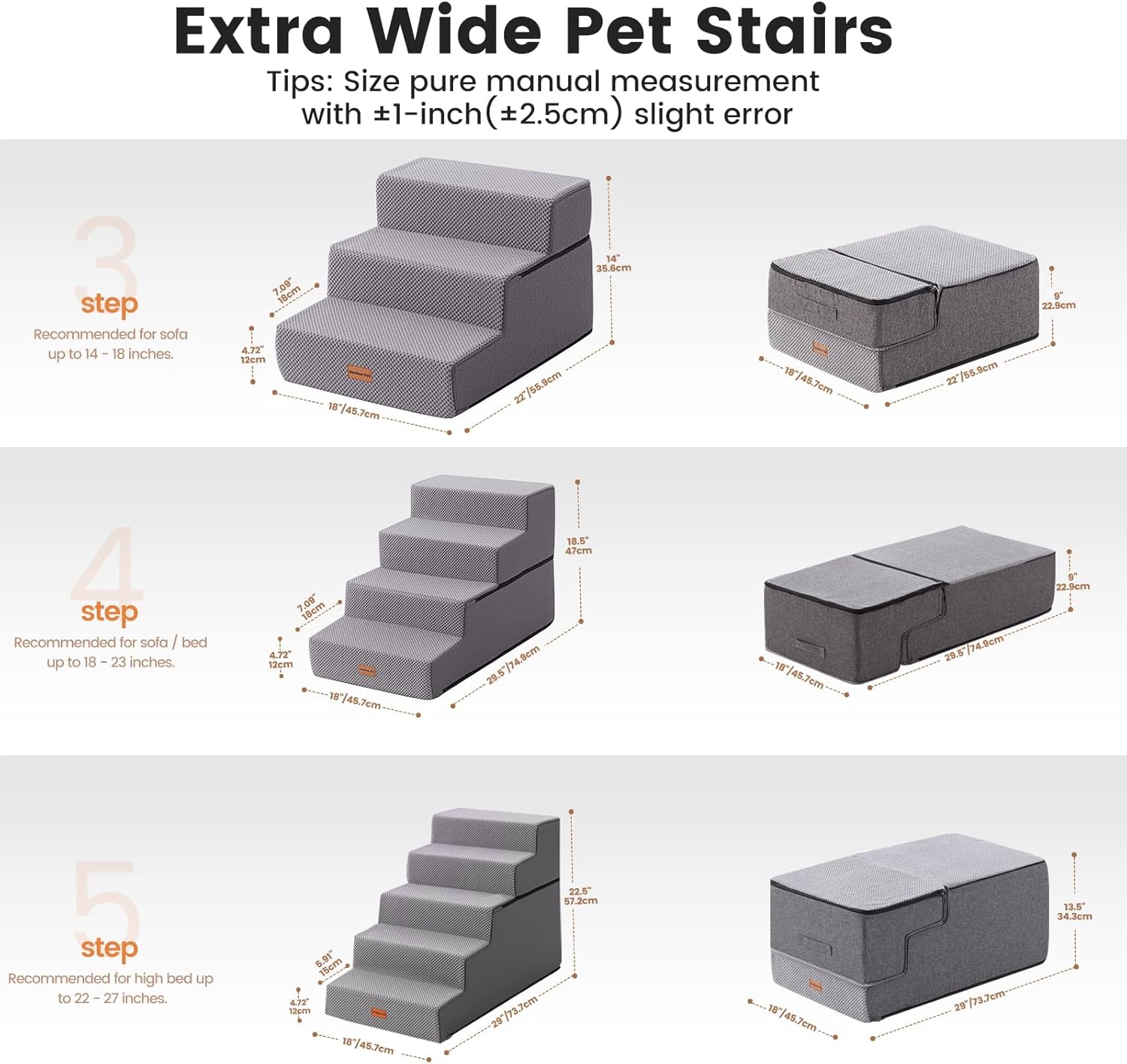 Detalle de Gardner Pet Dog Steps for Bed (58cm H) – 5-Step Extra Wide Waterproof Ramp with Non-Slip Fabric Cover and 35D Foam, Grey