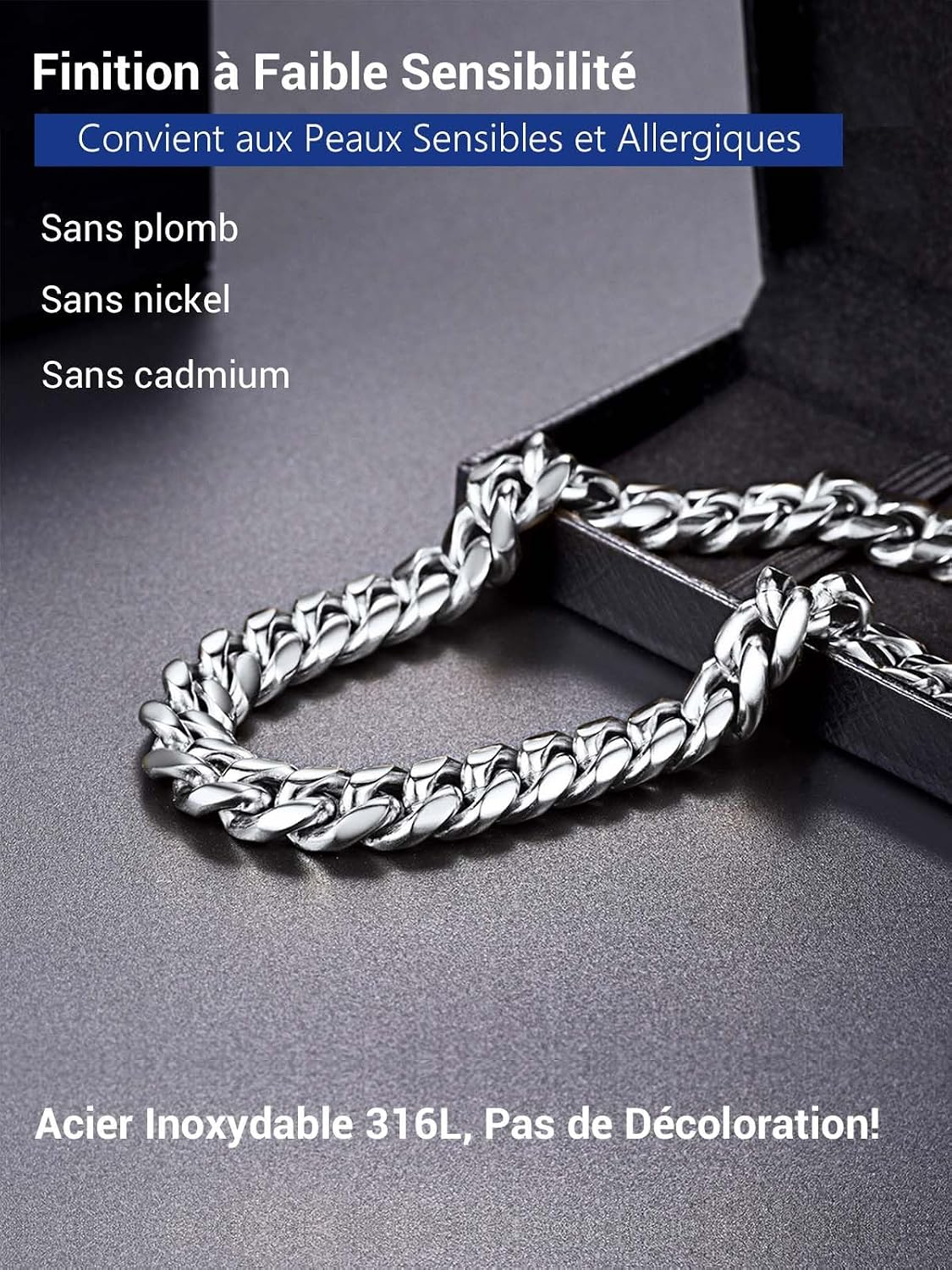 Detalle 2 de Chaîne collier homme PROSTEEL maillons gourmette en acier inoxydable/plaque or noir – largeurs 4,8 à 14 mm