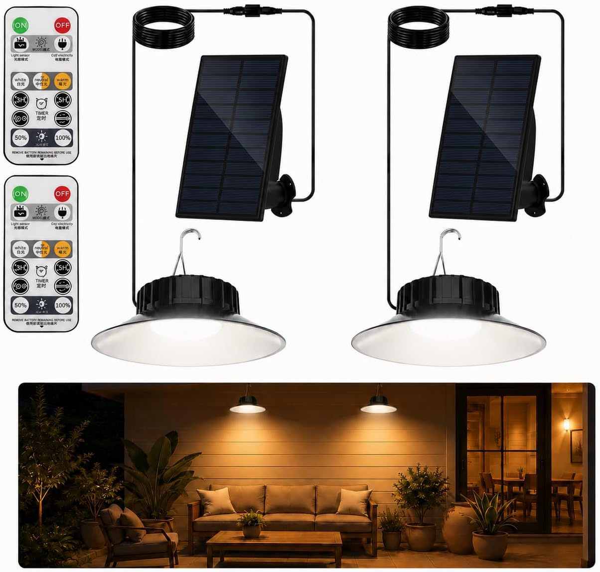 Detalle de NATPOW Solar Hängelampe Außen – 2er-Set, 3 Farbtemperaturen, Fernbedienung, IP65