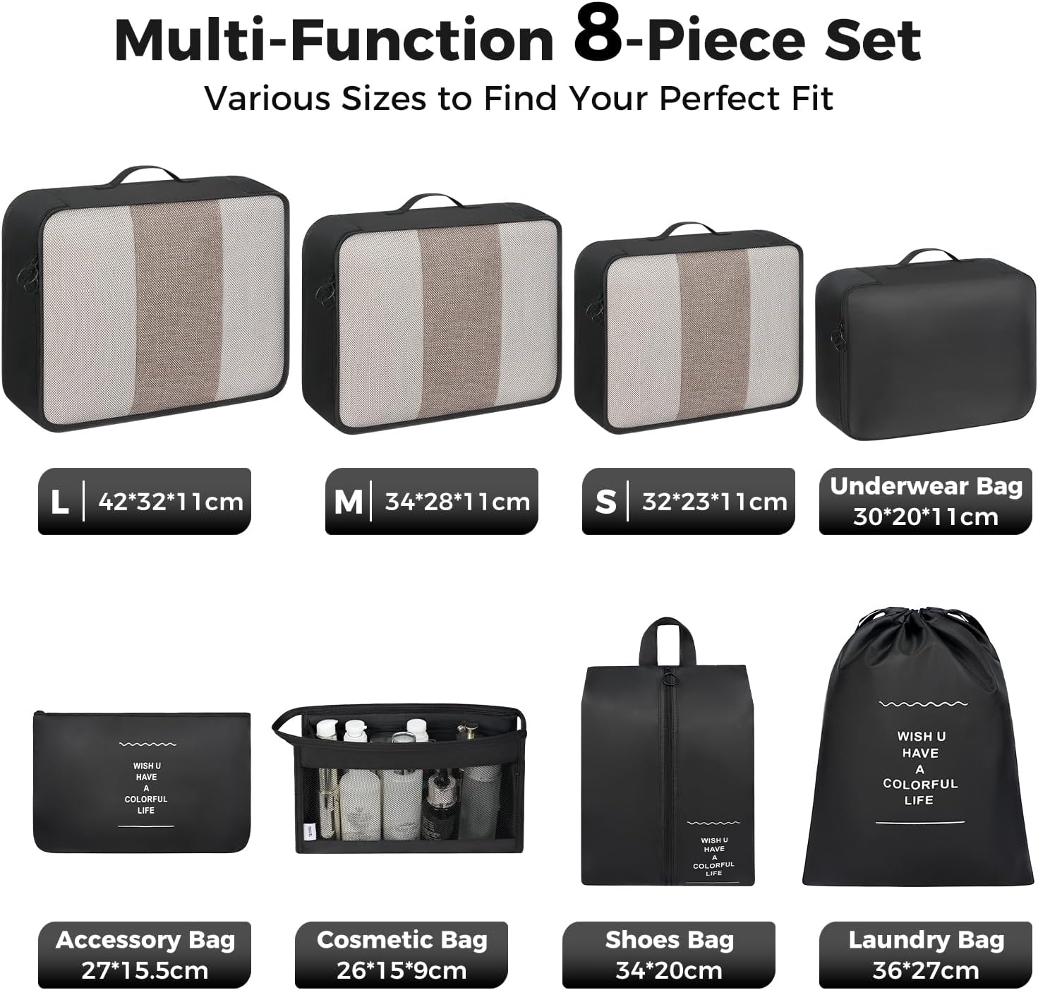 Detalle de BAGAIL 8-teiliges Packwürfel-Set – Reiseorganizer aus leichtem Nylon mit Netzfächern, Schuhbeutel und Mehrfachverwendung