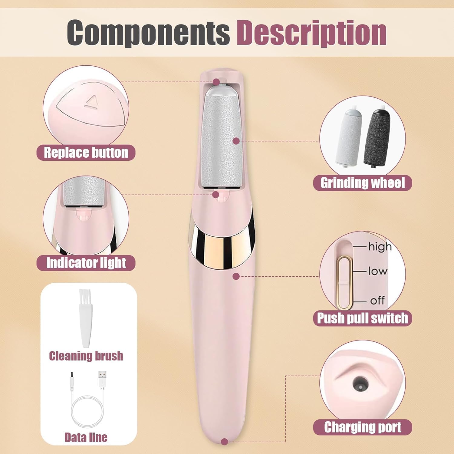 Detalle de Electric Foot File Hard Skin Remover with LED Light, 2 Speeds and Rechargeable Waterproof Heads