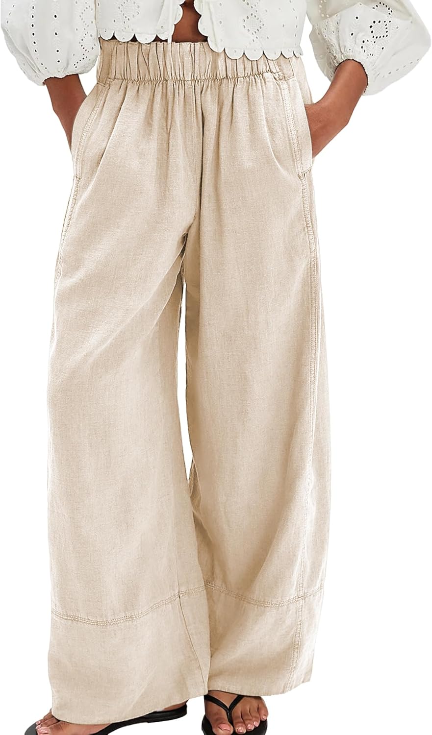 Detalle de SeeLuNa Linen Pants for Women: Cotton Baggy Boho Palazzo with Pockets