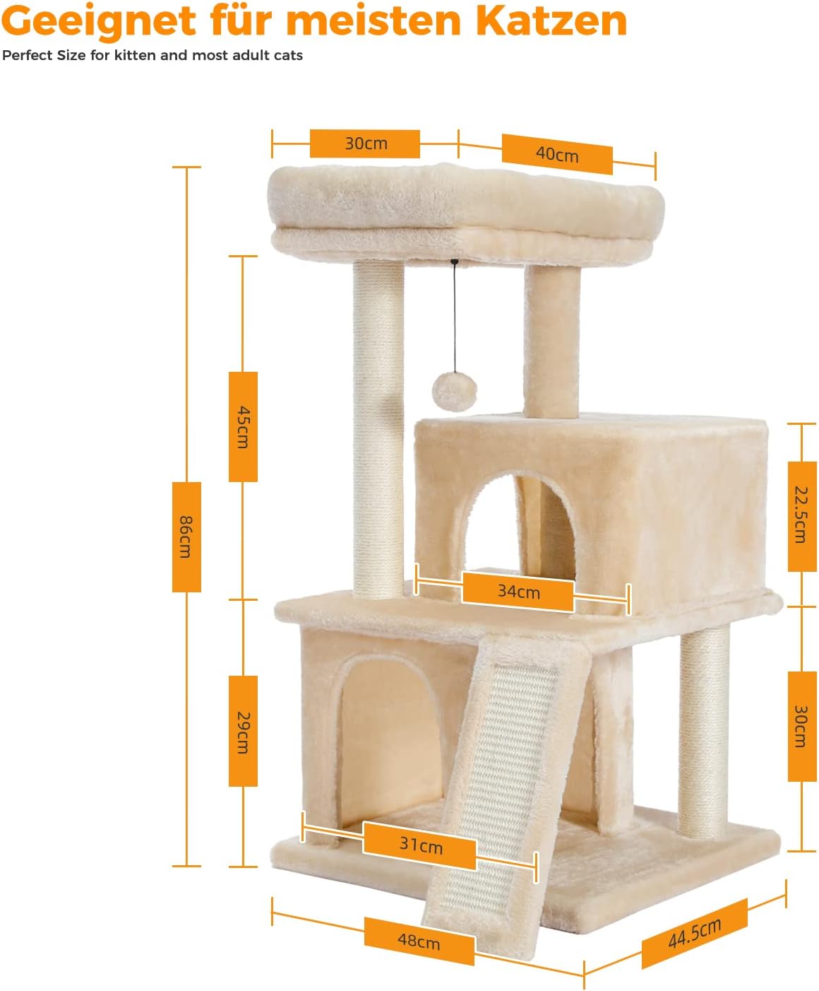 Thumbnail 4 de PETEPELA 90cm Cat Tree with Double Condos – Fully Wrapped Scratching Posts & Replaceable Dangling Balls