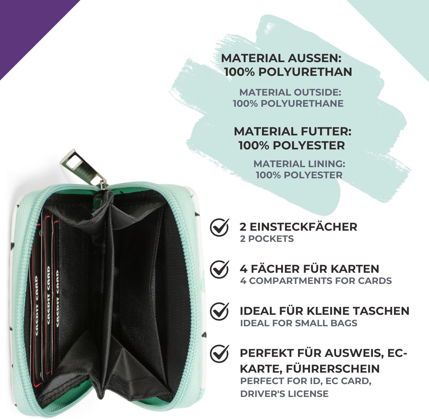 Detalle de styleBREAKER mini portamonete con stampa cactus – bianco/verde menta, chiusura a cerniera circolare