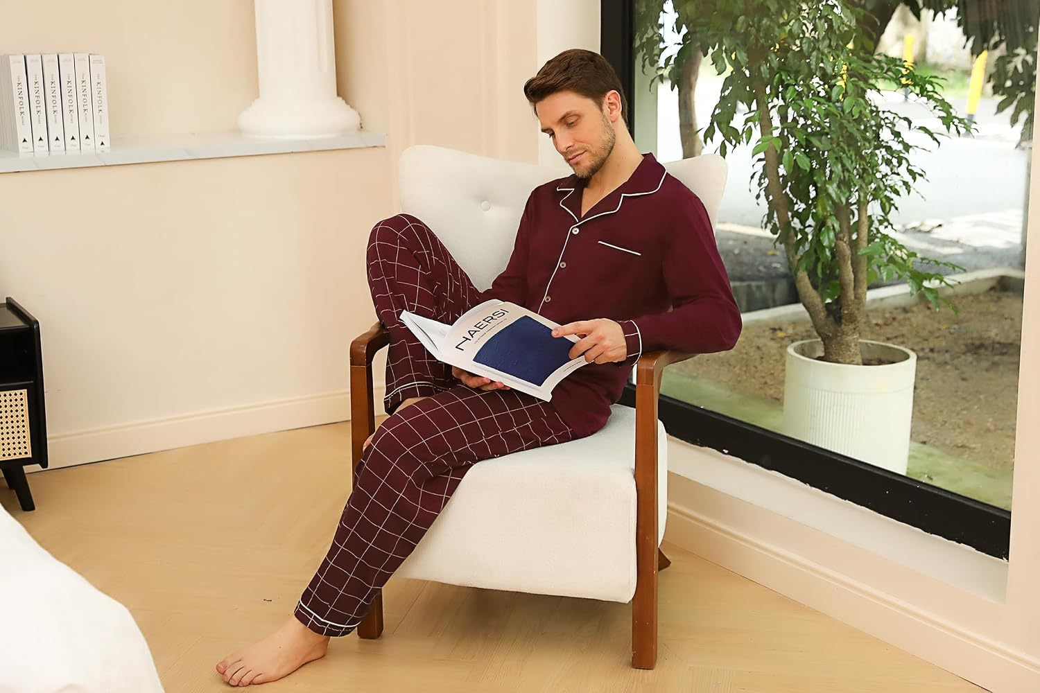 Detalle de Bresdk Pyjama Homme en Coton – Ensemble 2 pièces, hiver, carreaux/uni, manches longues