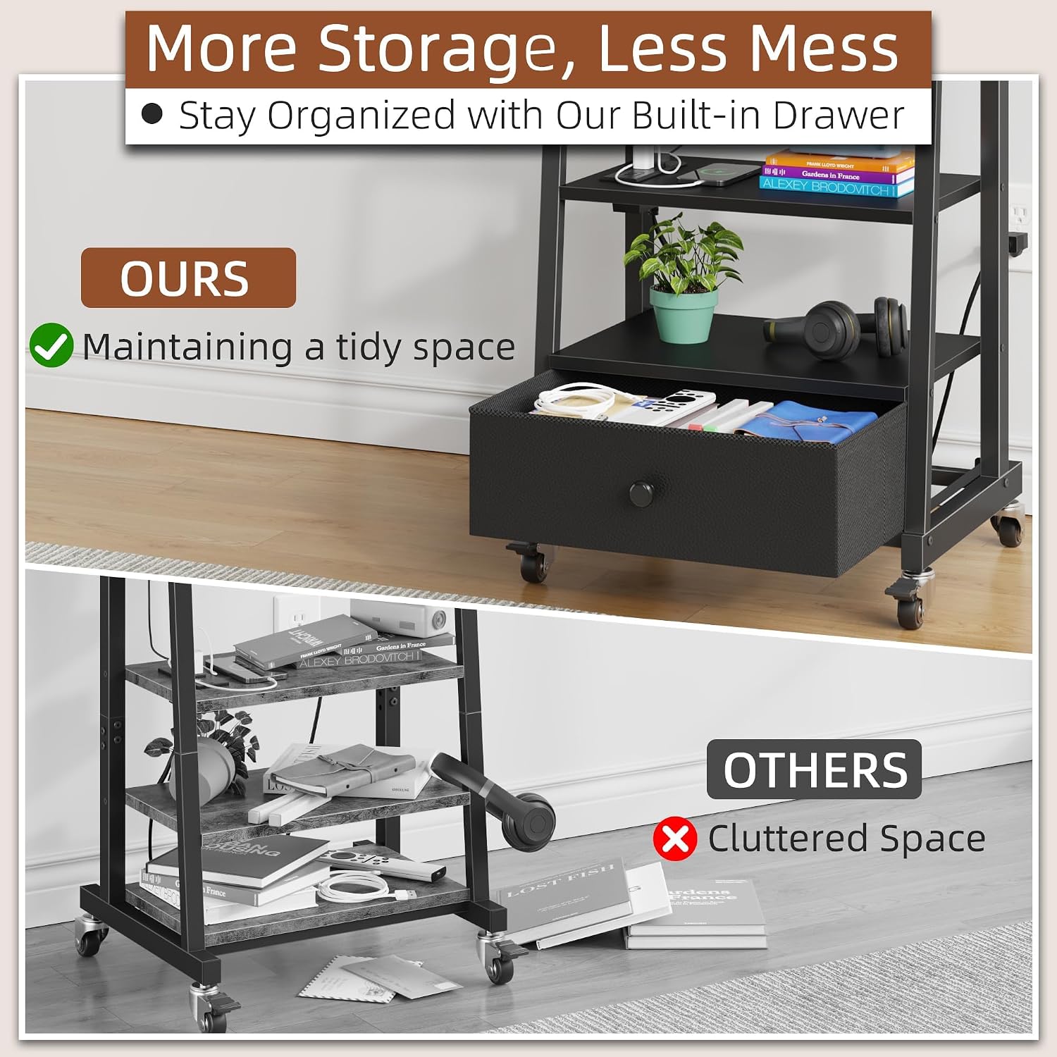 Detalle de AFLUI TVS022-BK Rolling TV Stand with Wheels, Metal Mount and Fabric Drawer