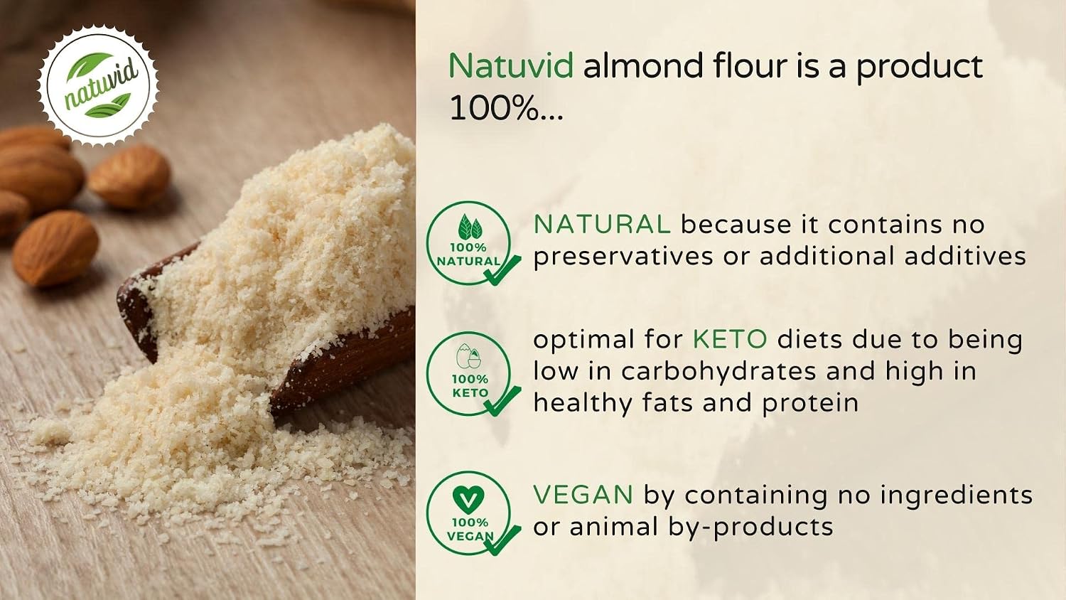 Detalle de Farine d'amande crue, moulue et épluchée – 1 kg, Keto-friendly et vegan