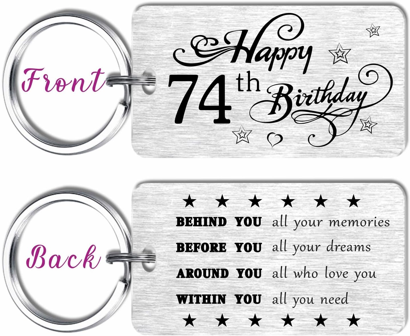 Thumbnail 1 de EE&YU 74th Birthday Stainless Steel Keyring – Engraved “Happy 74th birthday” Gift with Black Pouch