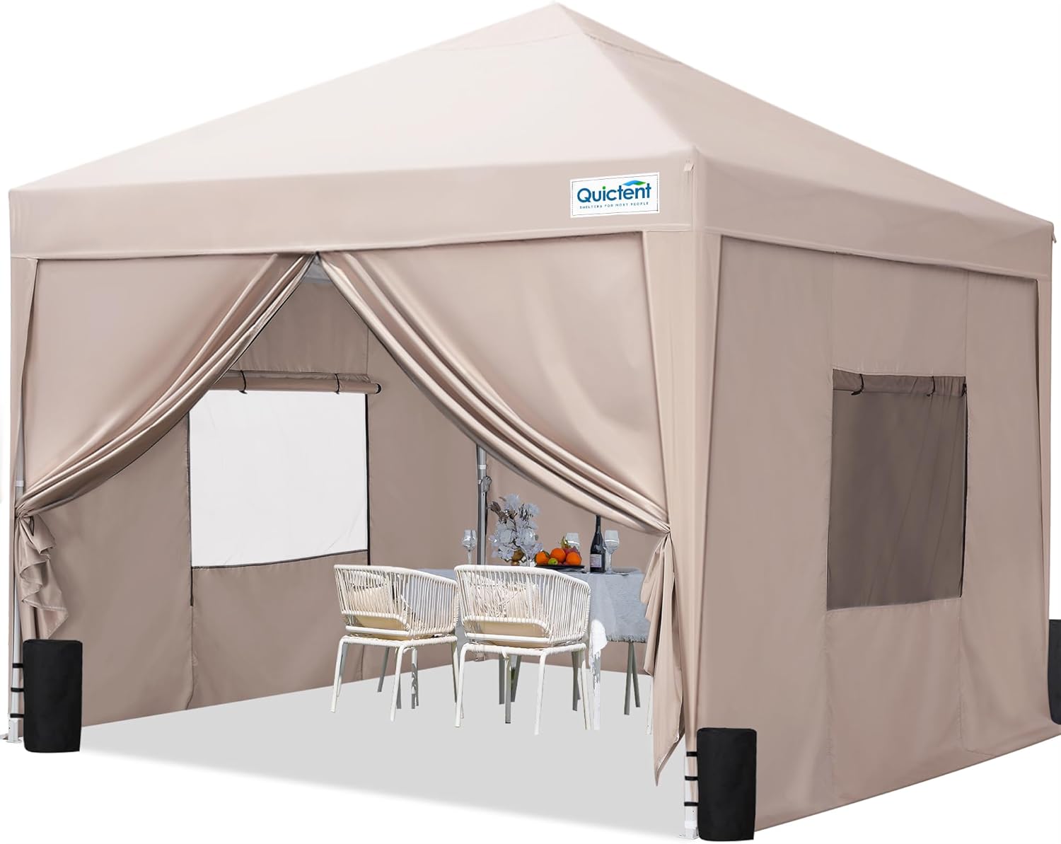 Quictent Faltpavillon 3x3m mit 4 Seitenwänden – wasserdicht, winterfest, inkl. Sandsäcke und Tragetasche (Beige)