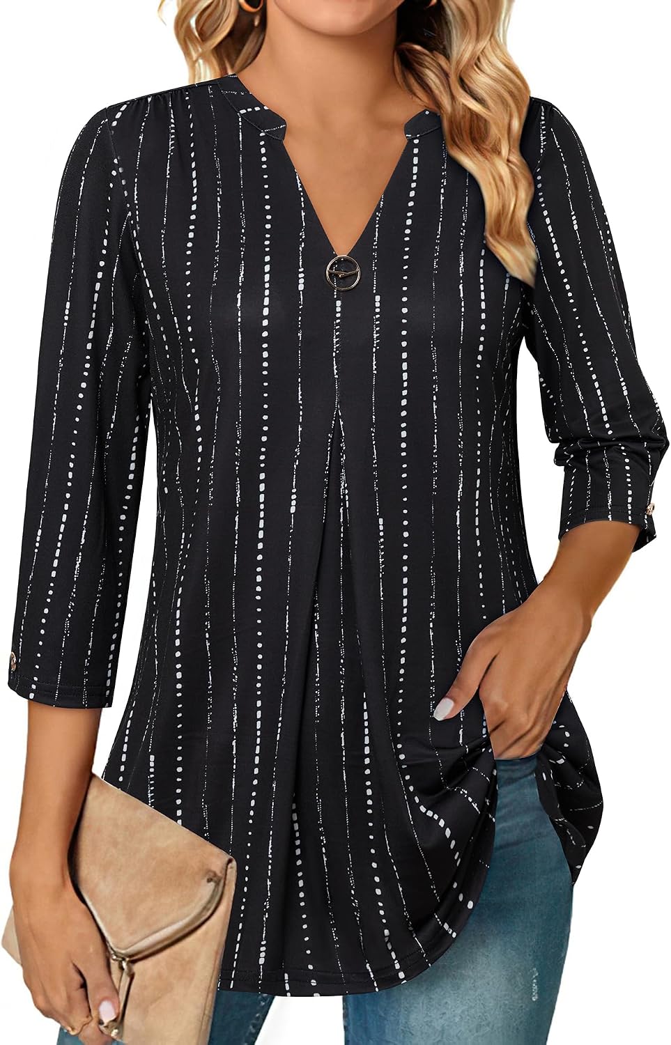 Detalle de Gaharu Damen Bluse 3/4 Arm – elegante V-Ausschnitt Tunika langes Top, Flowy, Jersey-Strick