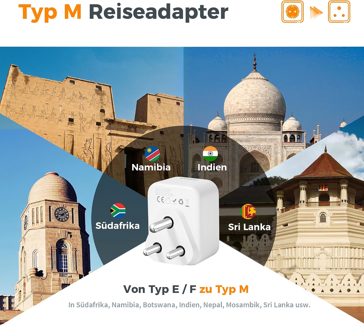 Detalle 2 de TESSAN Reiseadapter Südafrika Typ M 2500W