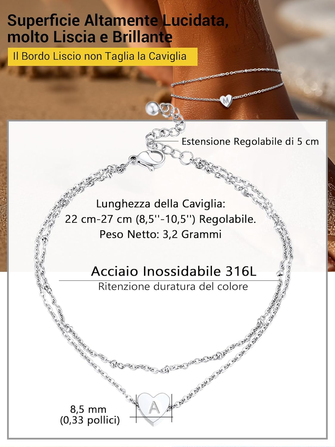 Thumbnail 6 de PROSTEEL Cavigliera donna a doppia catena con iniziali A-Z e pendente cuore in acciaio 316L placcato oro