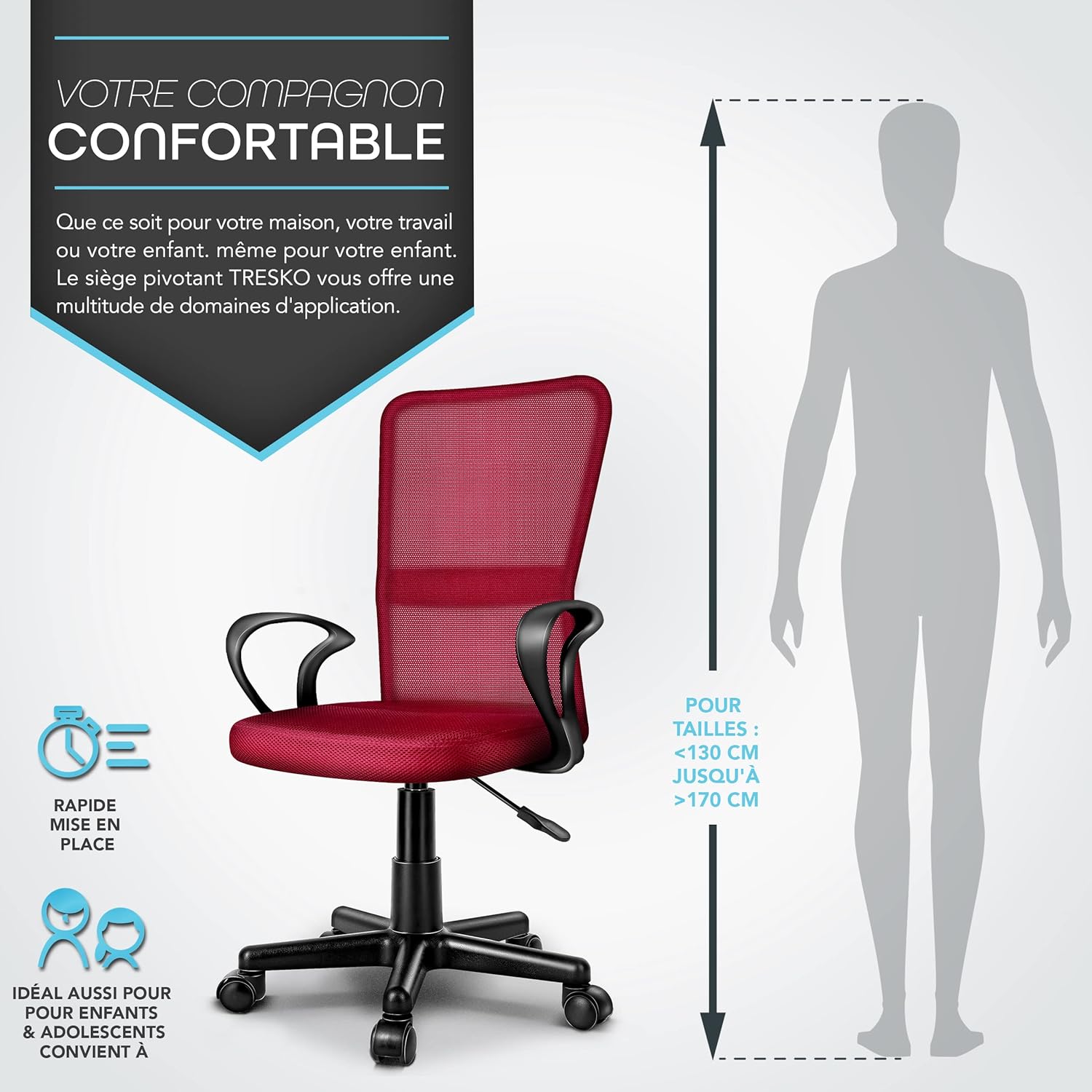 Thumbnail 5 de TRESKO Chaise fauteuil de bureau ergonomique avec accoudoirs et dossier respirant, hauteur d’assise ajustable 32 à 45 cm