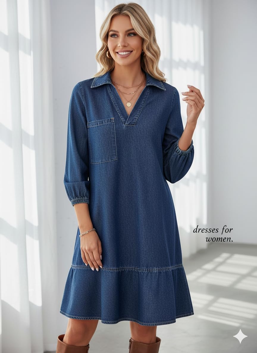 Thumbnail 4 de Dokotoo Denim Dress V Neck 3/4 Puff Sleeve