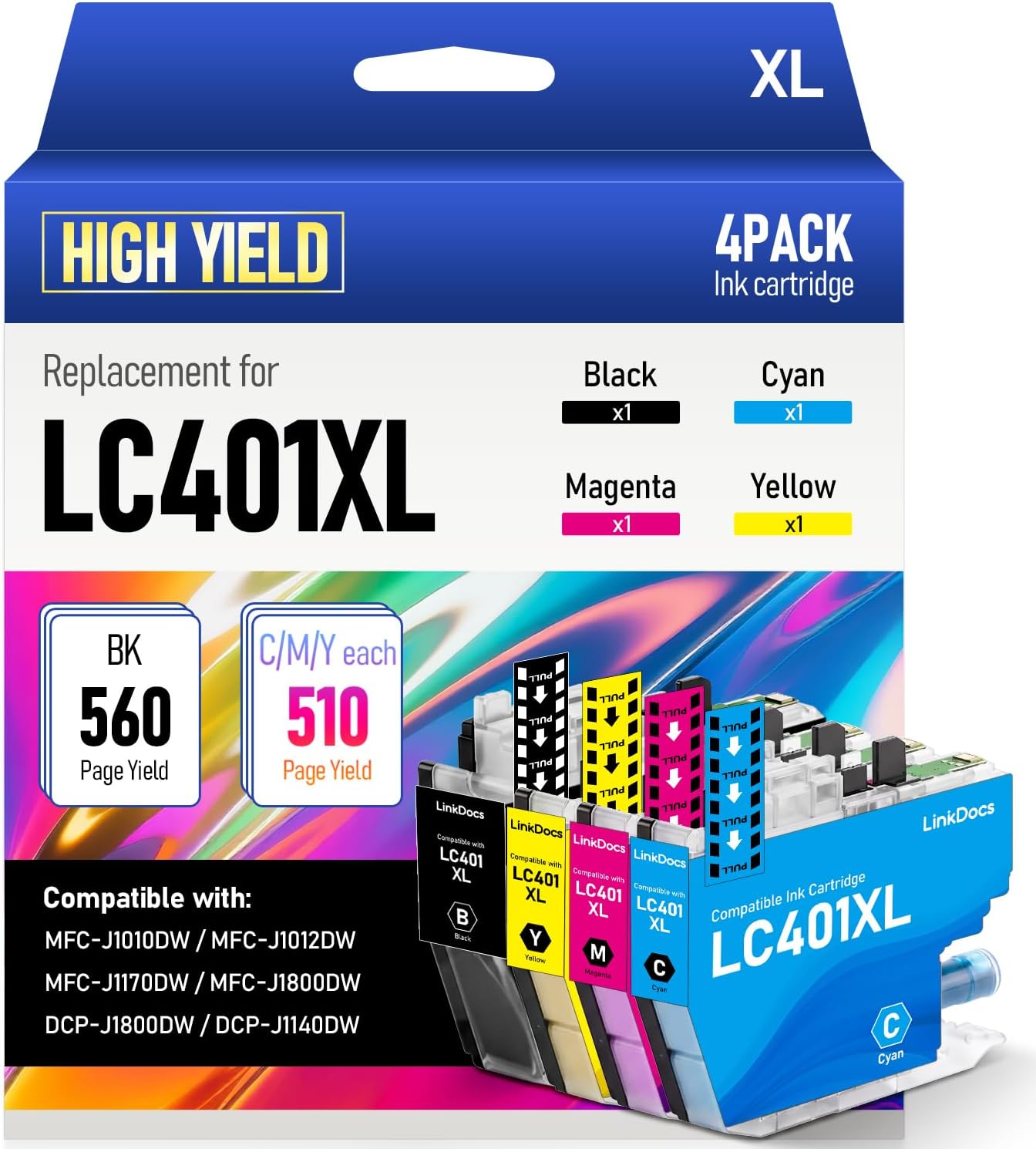 Detalle de LinkDocs LC401XL Ink Cartridges, 4-Pack for Brother Printers