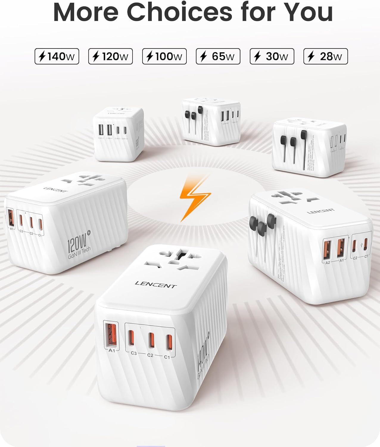 Detalle de LENCENT Reiseadapter Weltweit – 6-in-1 Universal-Reisestecker mit 2 USB-A und 3 USB-C Ports