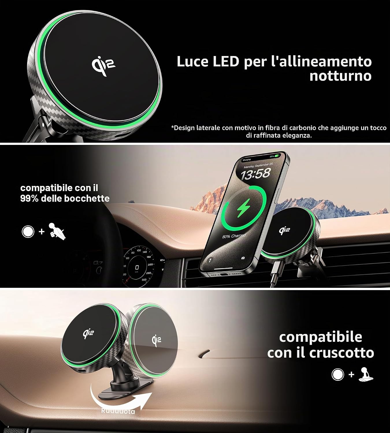 Detalle de GuMosh Qi2 Caricatore Wireless Auto MagSafe per iPhone