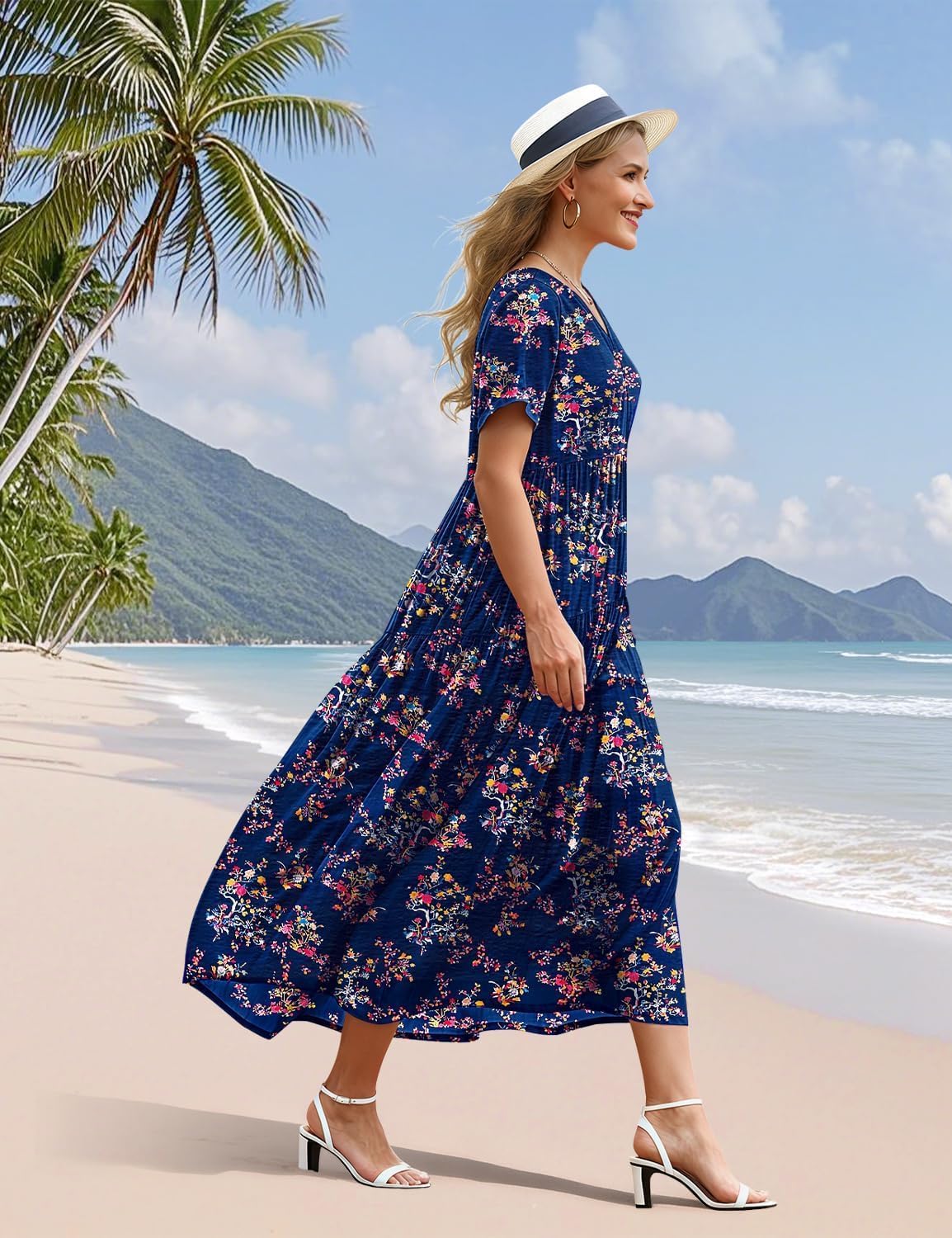 Thumbnail 2 de YESNO Women's Summer Maxi Dress with Pockets – Floral Boho V-Neck Swing Dress