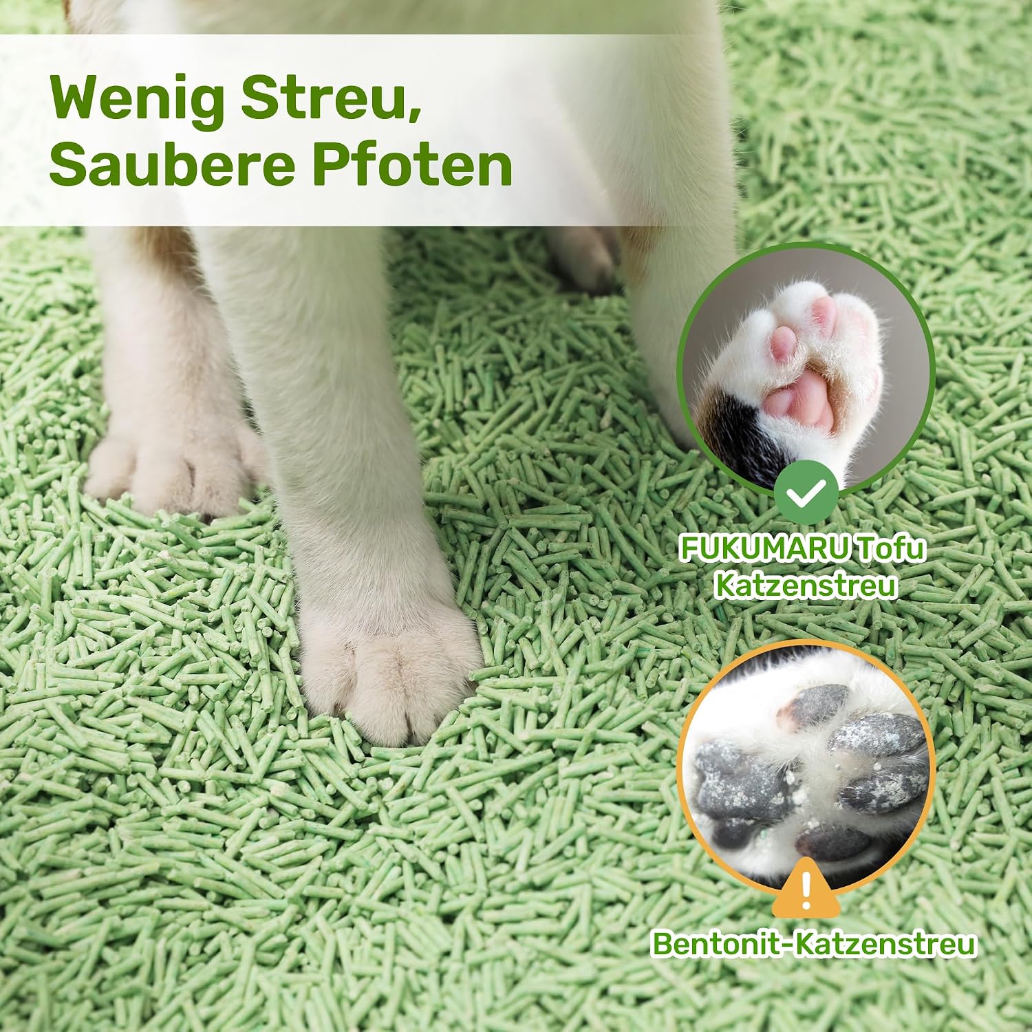 Detalle de FUKUMARU Tofu Katzenstreu 5,4 kg – Klumpendes Streu mit grünem Tee Duft, staubfrei & spülbar