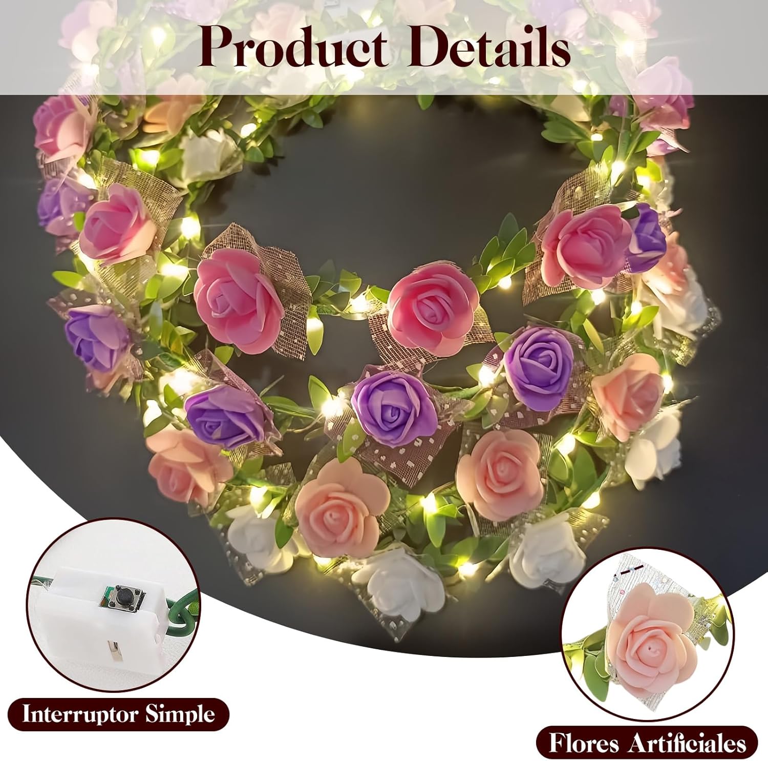 Detalle de AWSOLAR LED-Blumenkranz-Haare (8-teilig), weiß – leuchtender Haarschmuck für Brautschmuck, Festival & Party