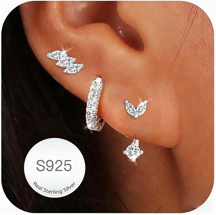 Thumbnail 4 de Smilya 3 Pairs 925 Sterling Silver Stud Hoop Earrings Set for Women