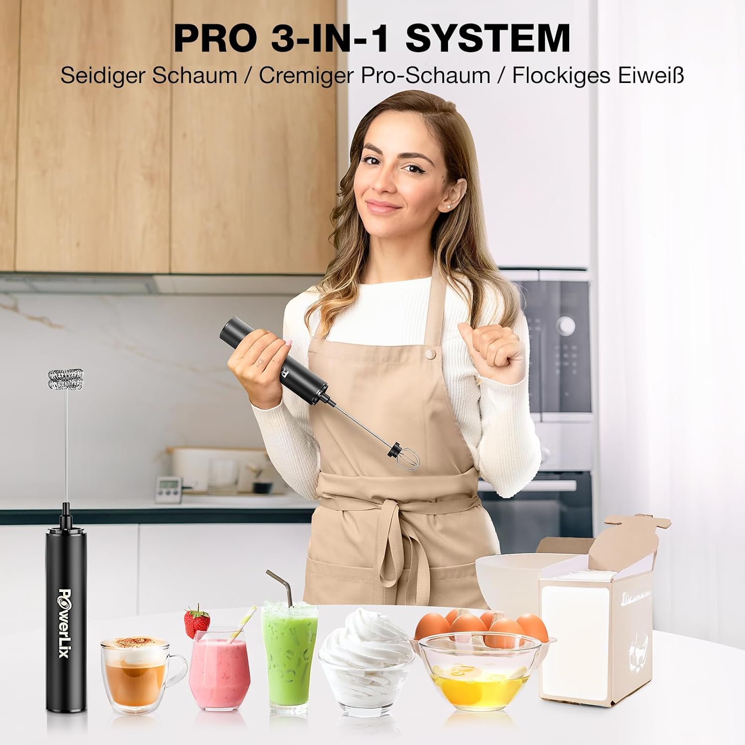 Detalle 2 de POWERLIX Pro 3-in-1 elektrischer Milchschäumer (handheld) mit USB-C Wiederaufladung