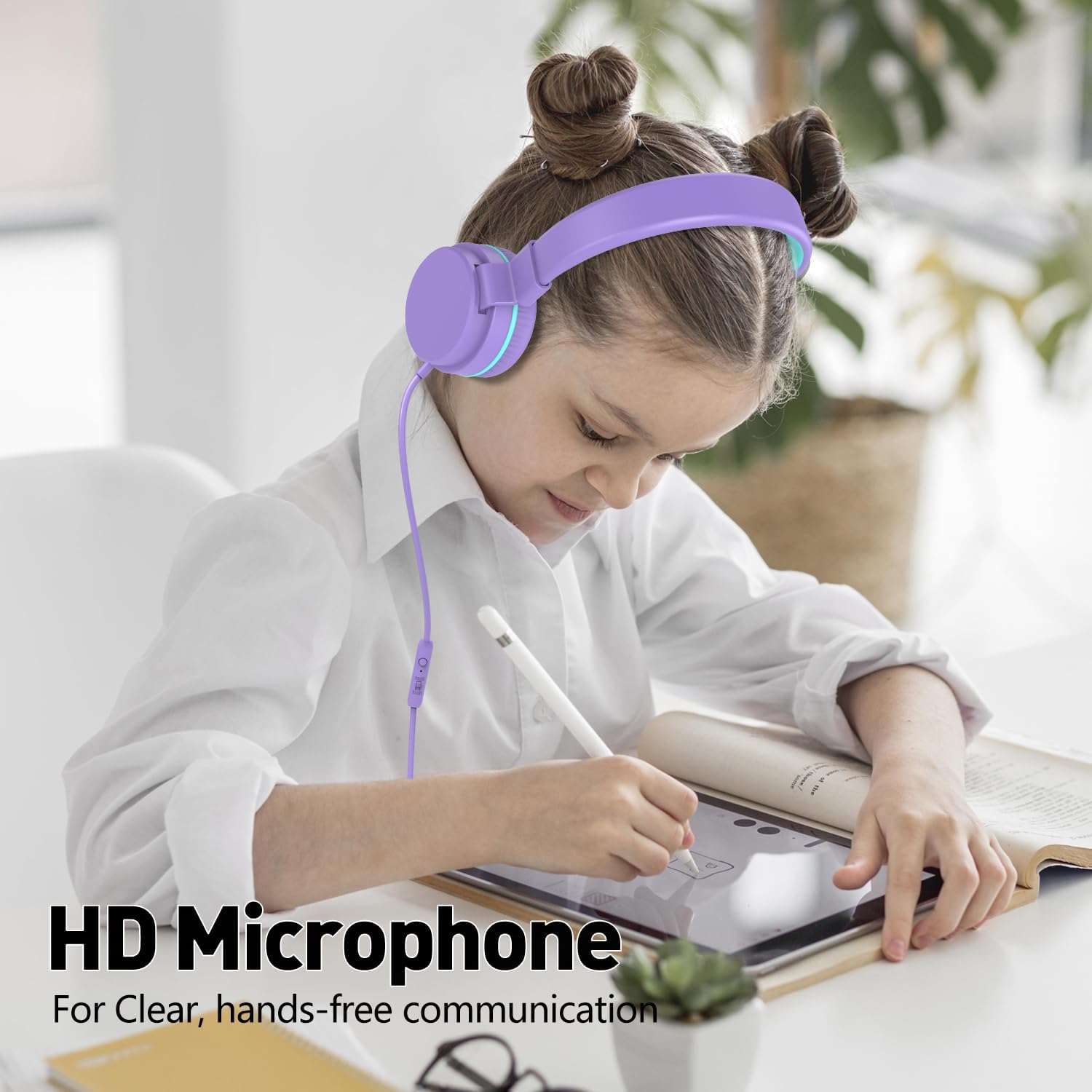 Detalle 2 de YOYOTUNE Kids On-Ear Headphones with Mic – Safe Volume Limiter, 3.5mm Wired, Foldable & Lightweight (Purple)