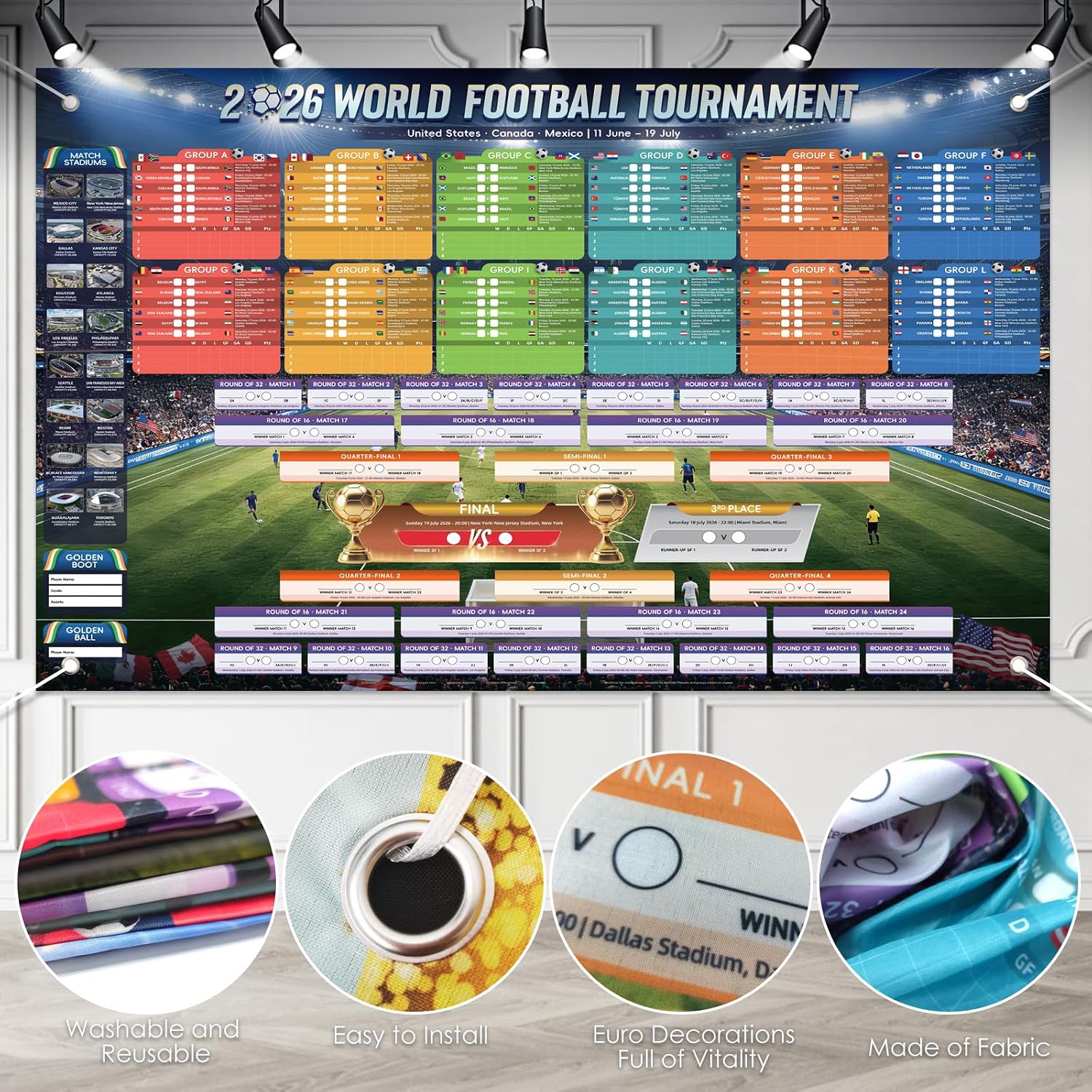 Thumbnail 2 de AhfuLife Large Fabric World Cup Wall Chart 2026 – 180 x 110 cm Backdrop Banner