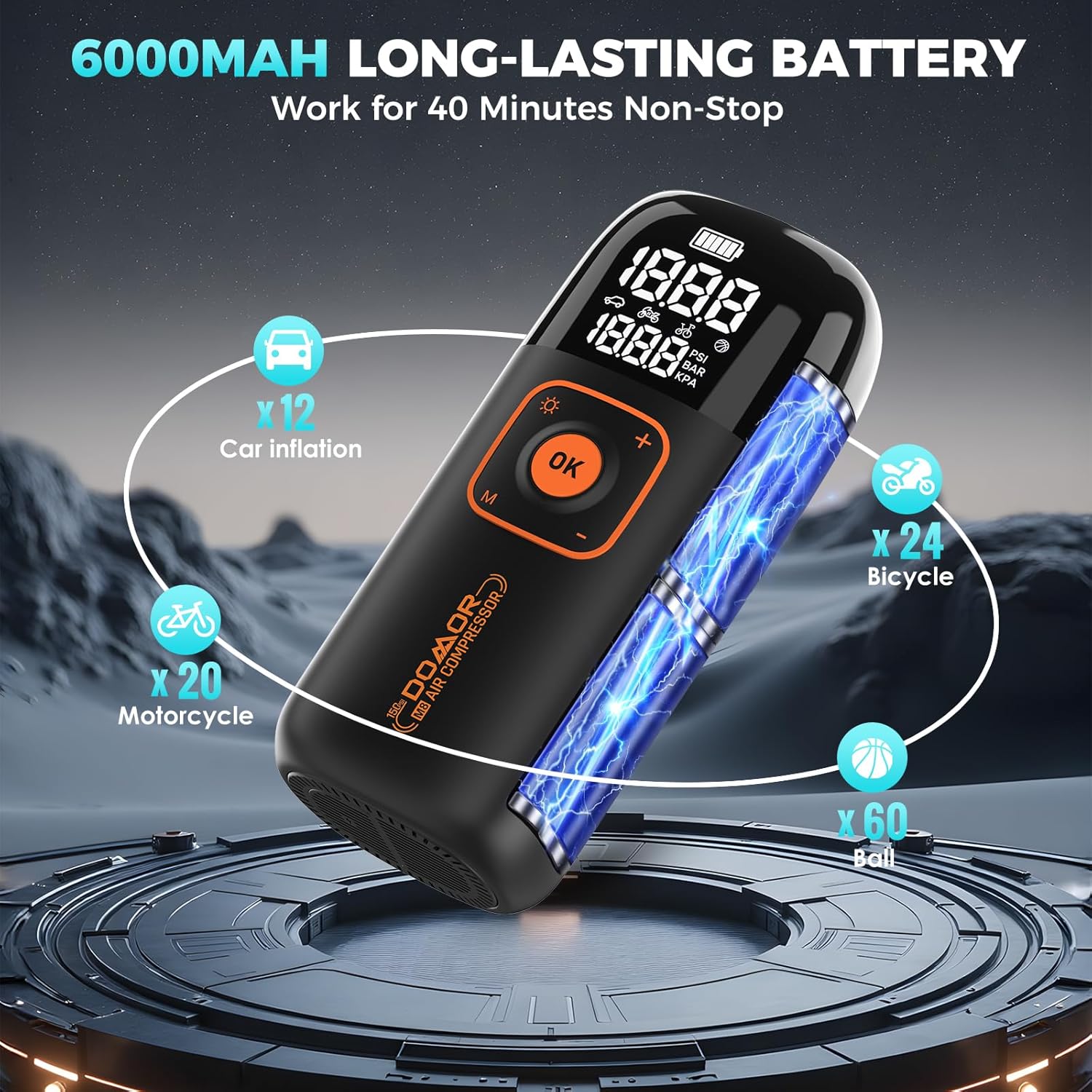 Detalle de DOMOR Cordless Tyre Inflator – 150 PSI portable electric bike pump with LCD gauge