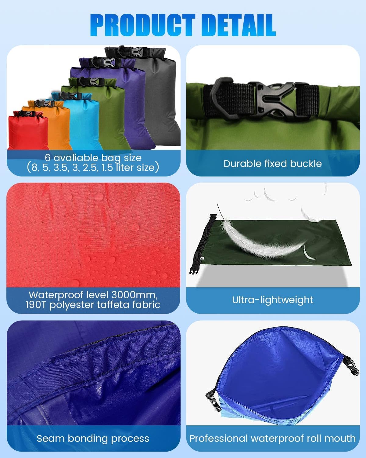 Thumbnail 2 de Evolpor 6-Piece Waterproof Dry Bag Set (8L, 5L, 3.5L, 3L, 2.5L, 1.5L) for Hiking, Camping & Fishing