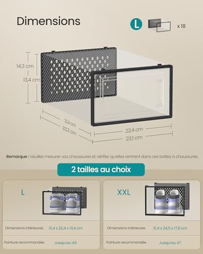 Detalle de SONGMICS Boîtes à Chaussures LSP066B18 — 18 boîtes transparentes, empilables et pliables pour pointure jusqu’à 43