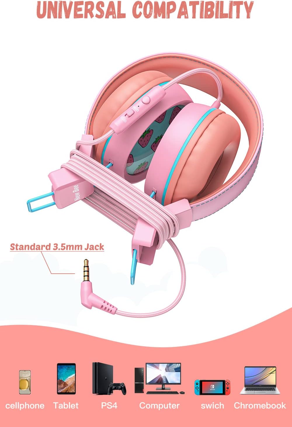 Detalle de New Bee KH20 Kids Wired Headphones with Microphone (Pink) – Safe Volume, Foldable & Lightweight