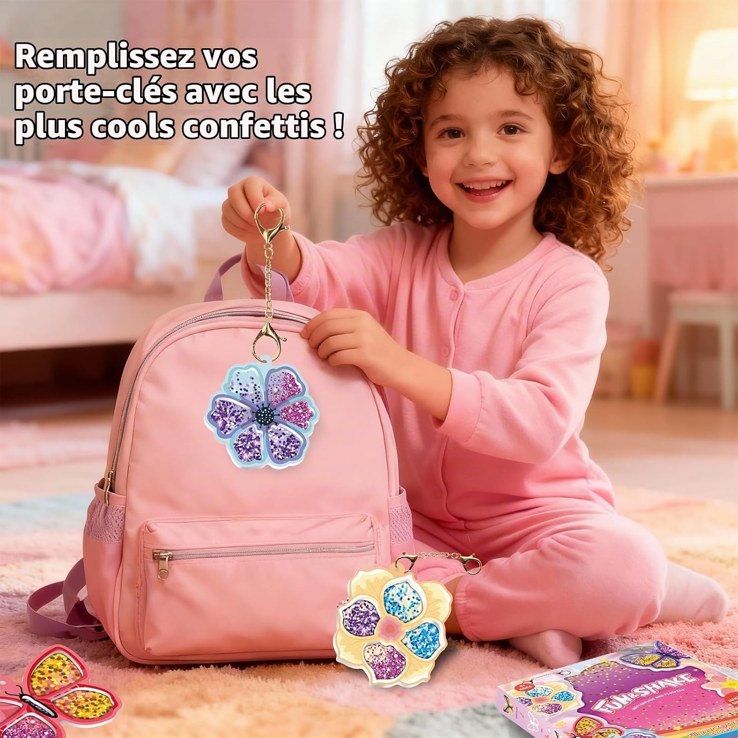 Detalle de Afufu Q9062 shaker-sleutelhangerset met glitter, bloemen en vlinders