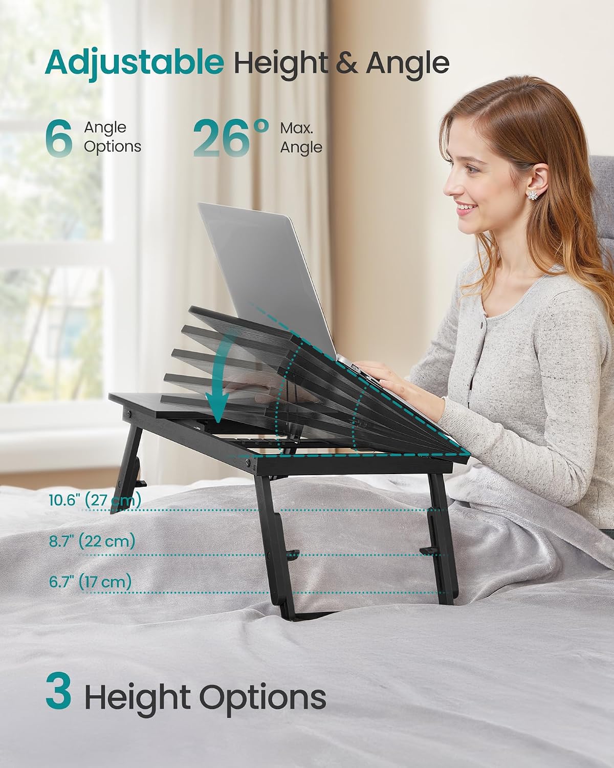 Detalle de SONGMICS LLD105BE01 Bed Laptop Table (bamboo) with adjustable angle and height, drawer & foldable stand
