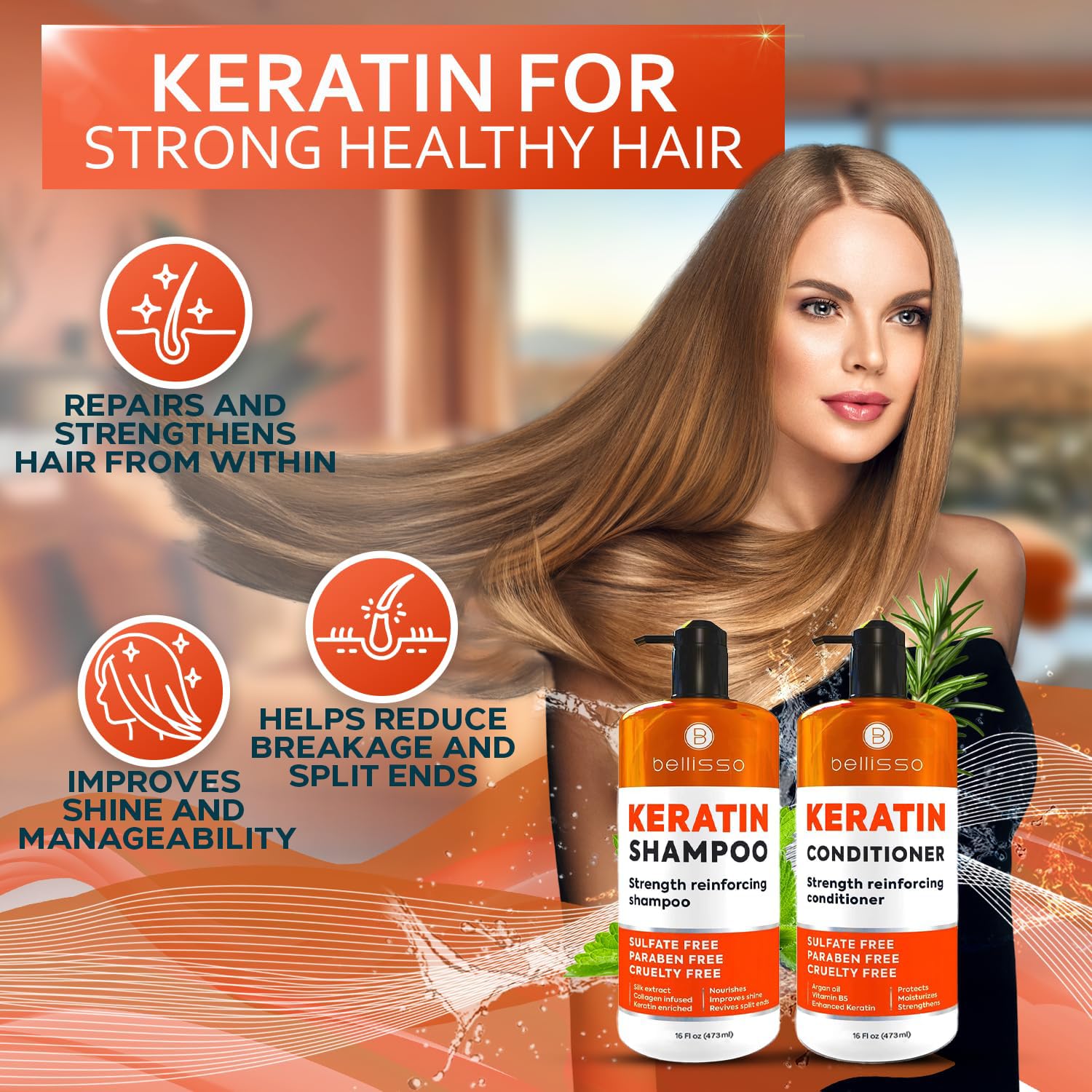 Detalle de Bellisso Keratin Shampoo and Conditioner Set, Sulfate- and Paraben-Free