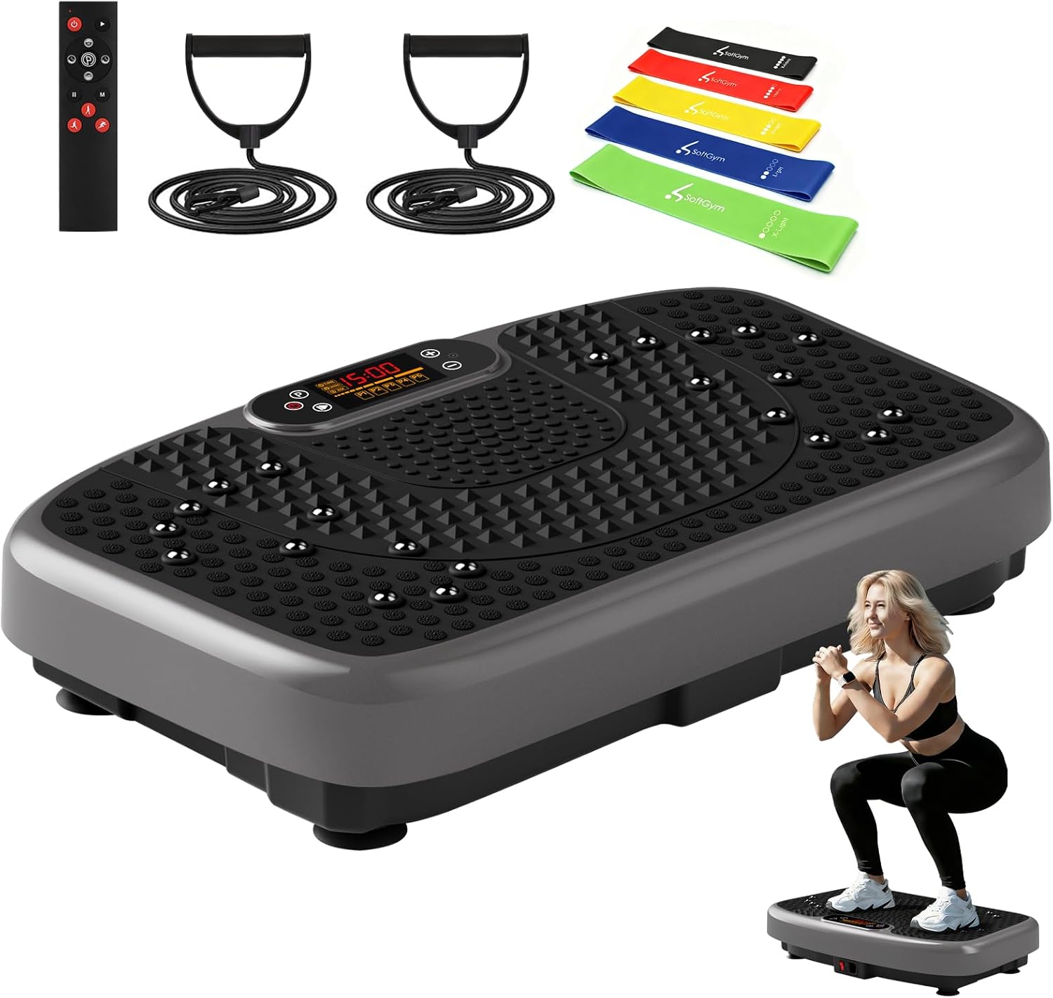 Detalle de SoftGym Vibration Plate Exercise Machine (450 lb capacity) with Remote, Touch Display & Resistance Bands
