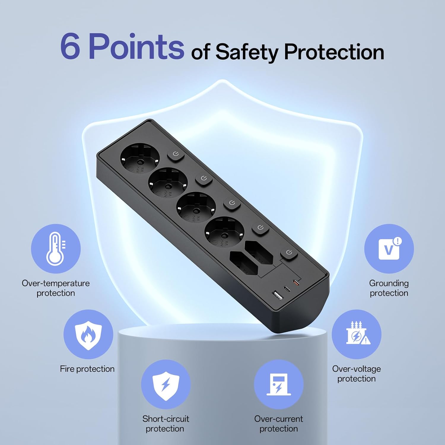 Detalle de Ciabatta Multipresa con USB 9 in 1: 6 prese, 3 USB e protezione sovratensione