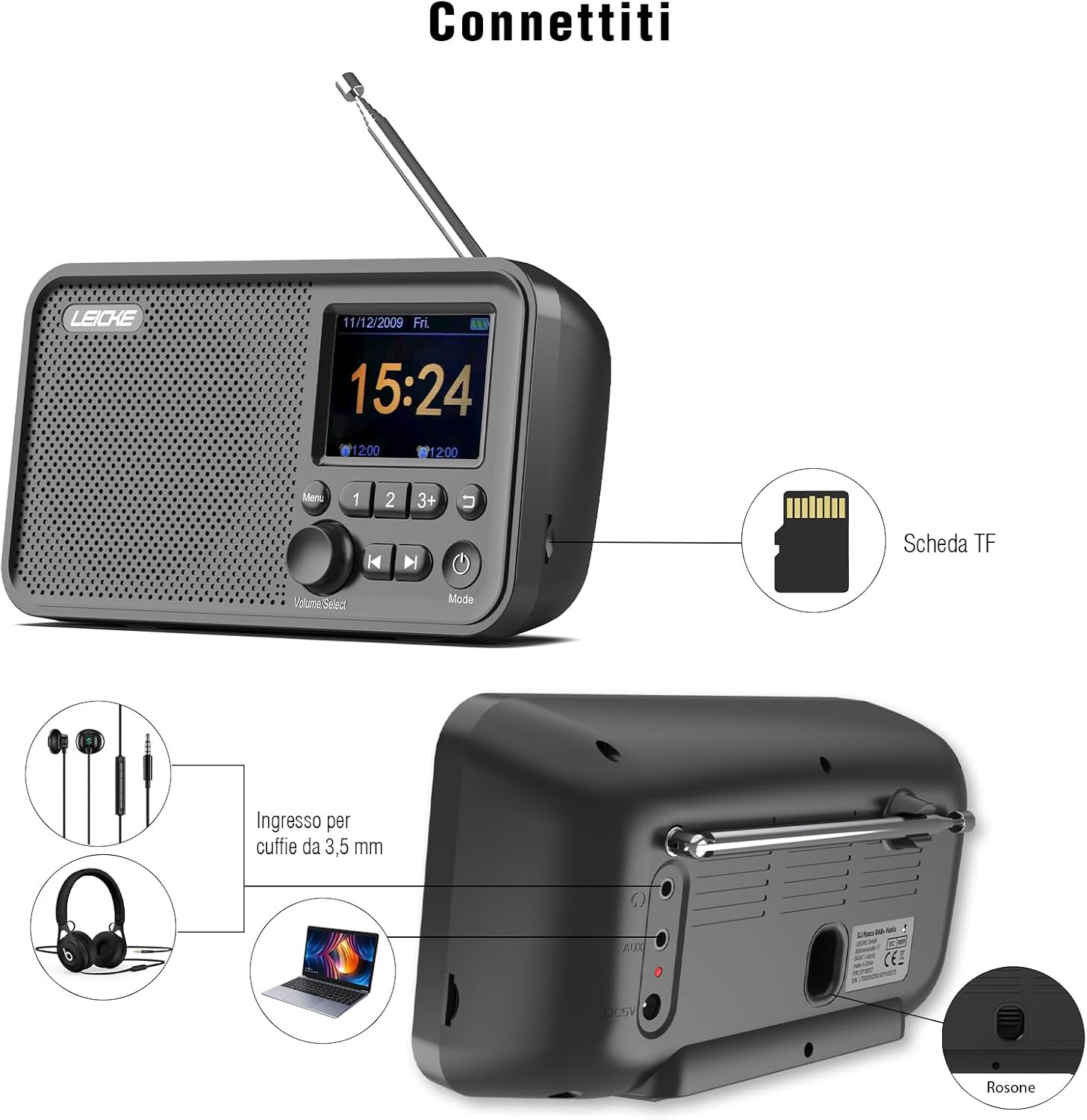 Thumbnail 6 de LEICKE DAB+ Radio portatile con Bluetooth 5.0 e display a colori 2,4": DAB+/FM, batteria 4000 mAh, Bluetooth e doppia allarme