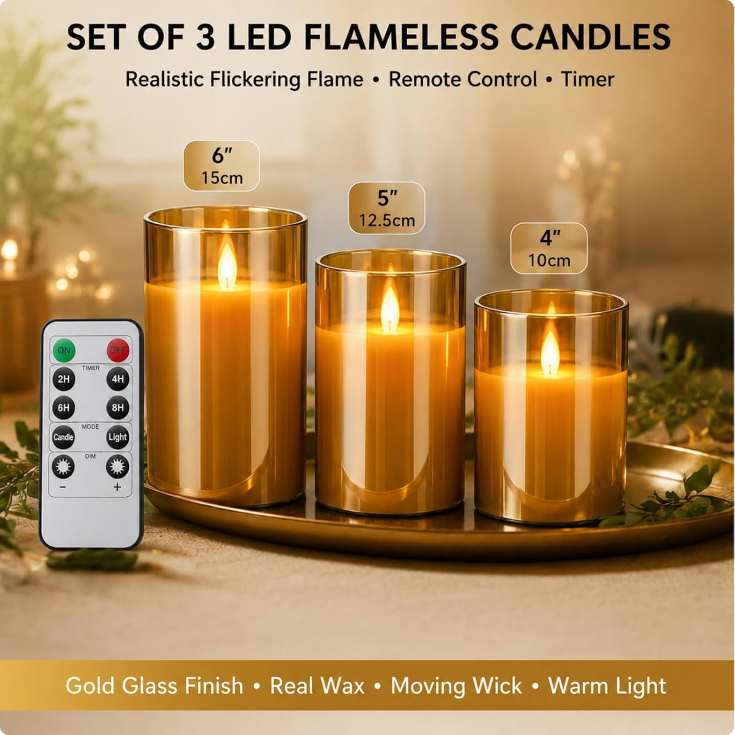 Detalle de YMing battery-operated flameless LED candles set (gold glass pillar) with remote timer – realistic flicker wick flame mode