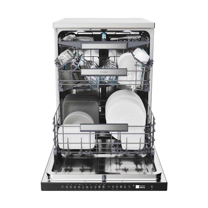 Detalle de Haier XF 4A4M4PX: lavavajillas independiente de 60 cm para 14 servicios con Wi‑Fi y secado extra