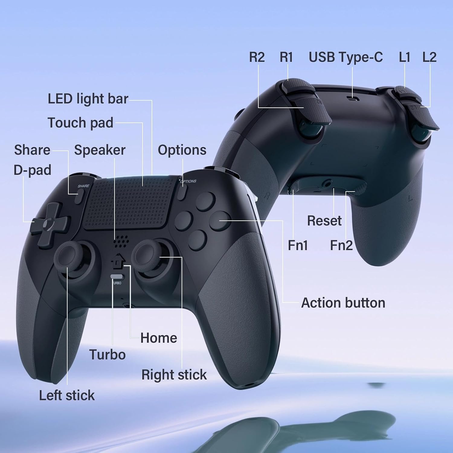 Thumbnail 6 de LATEC Mando inalámbrico para PS4 con Bluetooth, macros y sensor giroscópico 6 ejes (negro)
